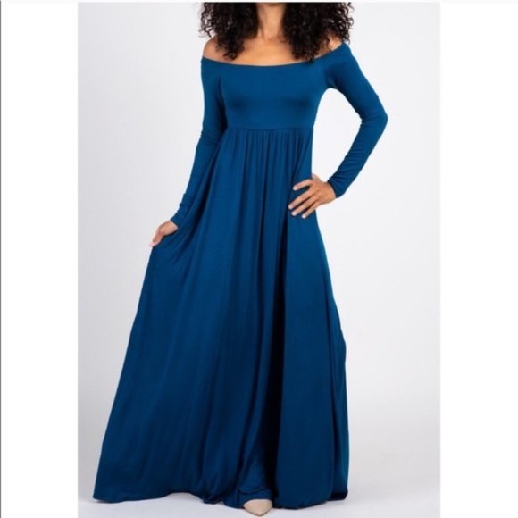 Pinkblush Turquoise Off Shoulder Long Sleeve Jersey Maternity Maxi Dress Medium - Picture 2 of 9